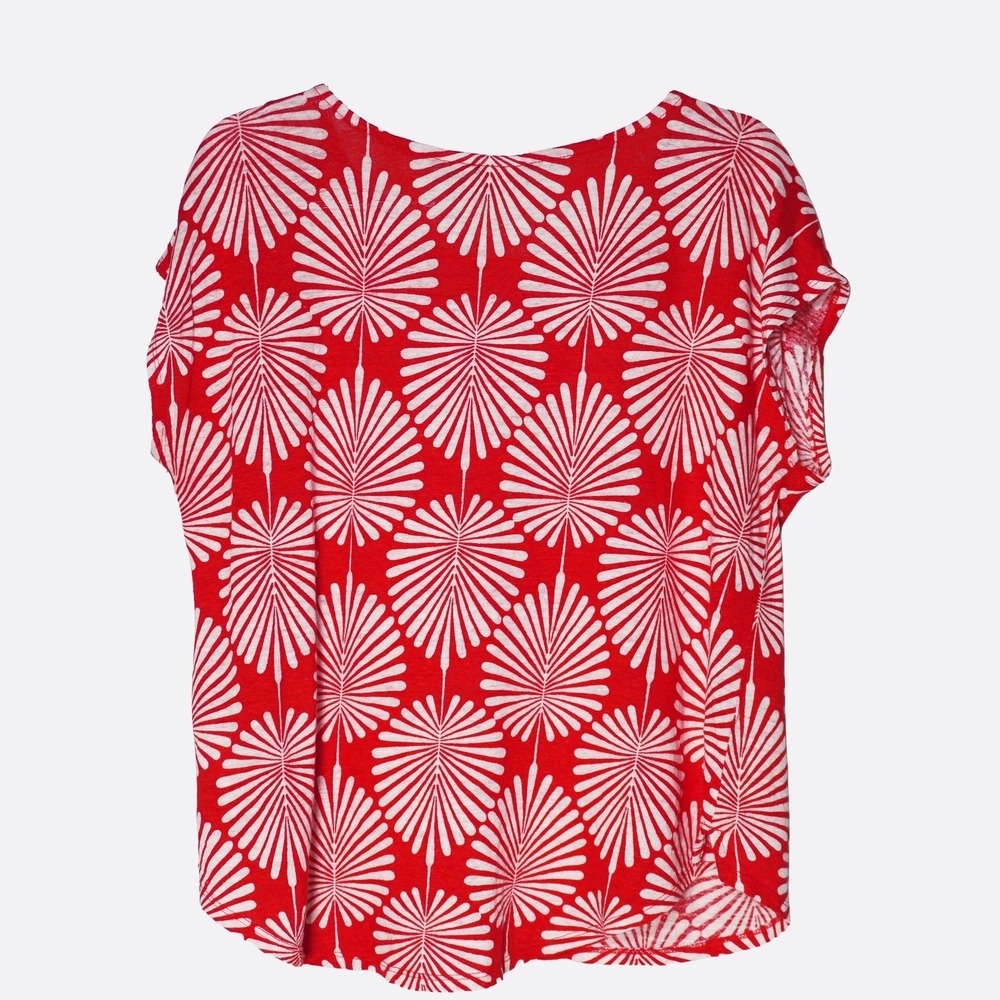 Joie 100% Linen Palm Print Top L 12 Red White Knit Cap Sleeve Blouse - Picture 3 of 8
